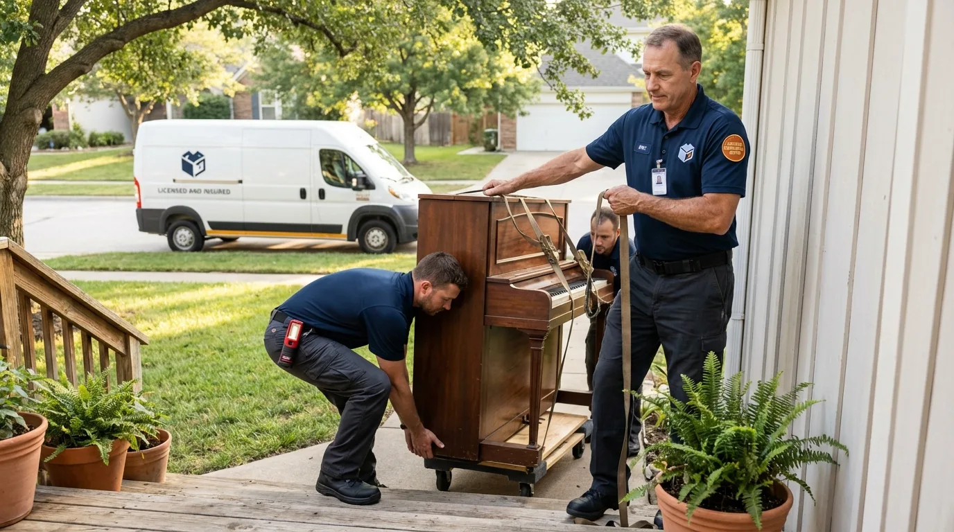 Licensed piano movers securing grand piano in Lancaster, PA