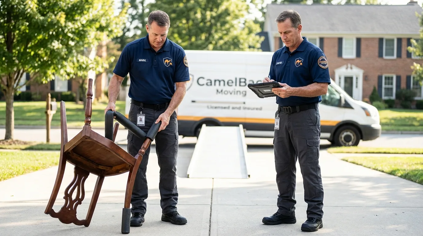 Movers inspecting furniture for damage prevention before loading in Lancaster, PA