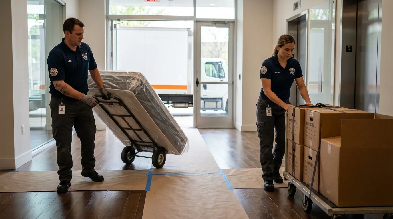 Professional apartment movers loading elevator in Lancaster, PA
